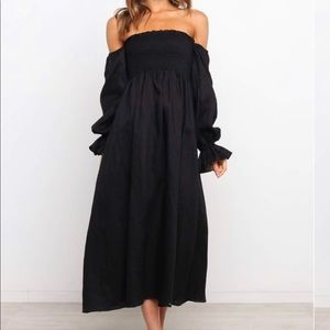 Off the shoulder black midi dress 100% linen